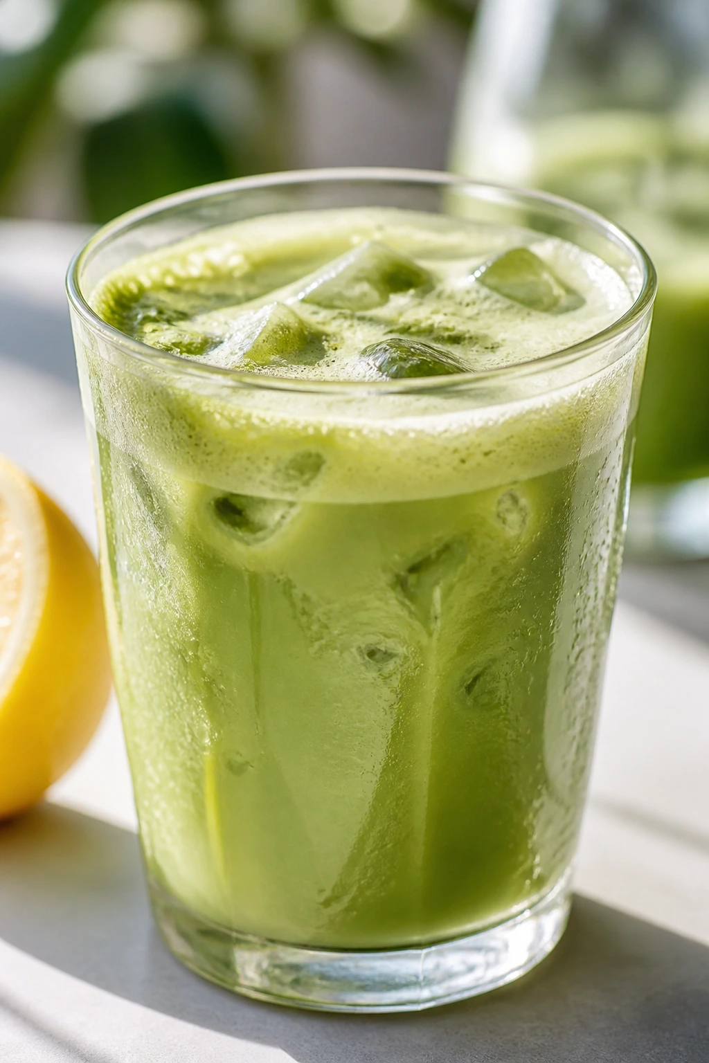 Close-up of bright green iced matcha lemonade with ice