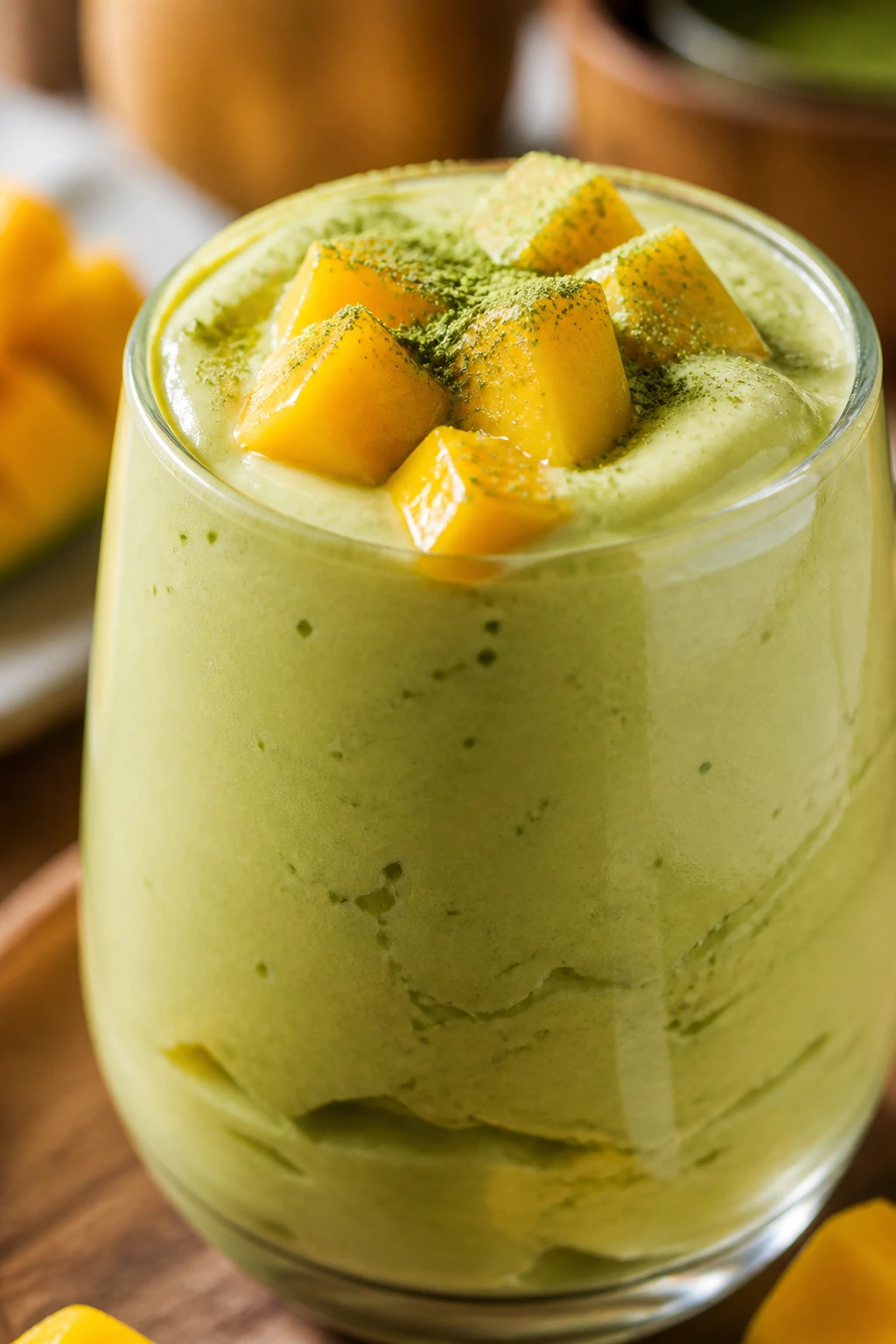 Close-up of matcha mango cloud smoothie in a glass on a warm kitchen counter