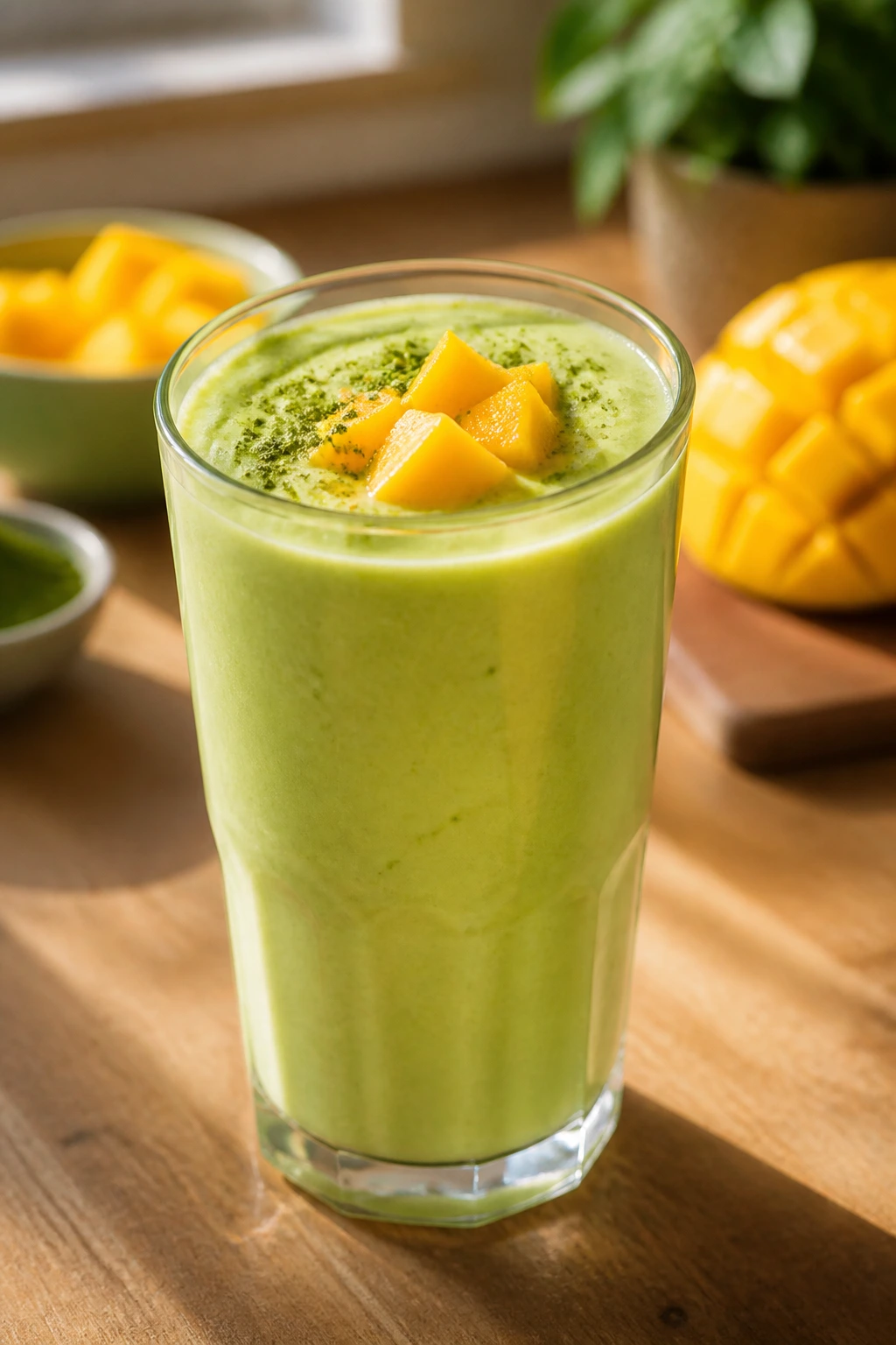 Close-up of pale green-yellow smoothie in a glass on a sunlit kitchen counter
