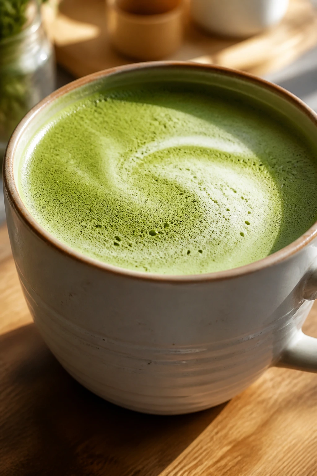 Green matcha latte in a ceramic mug on a wooden table
