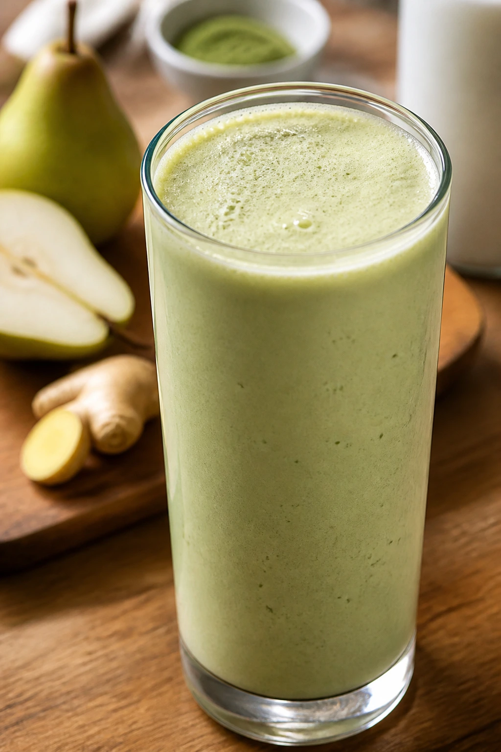 Close-up of pale green Matcha Pear Ginger Smoothie in a glass on a wooden counter