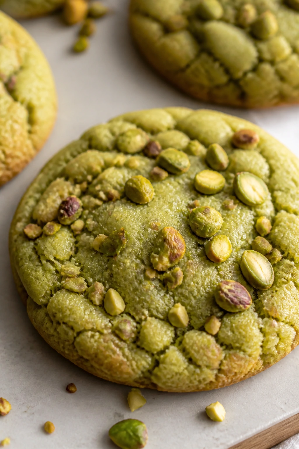 Close-up of pale green matcha pistachio cookie with pistachio topping.