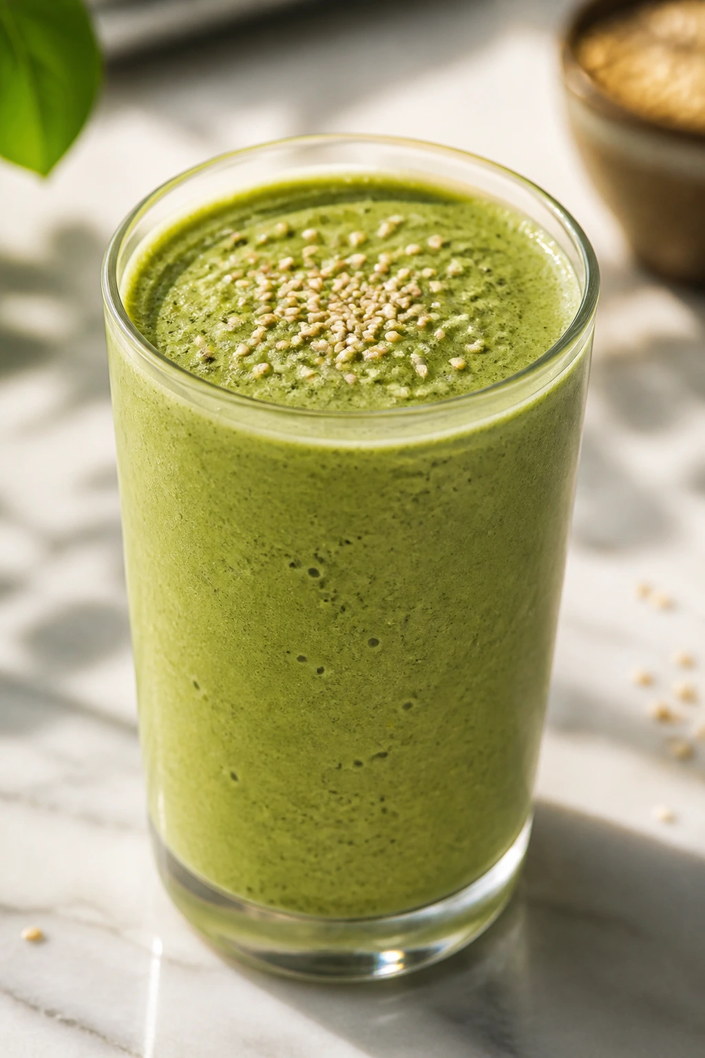 Green matcha banana smoothie in a glass with sesame seeds on top on a kitchen counter.