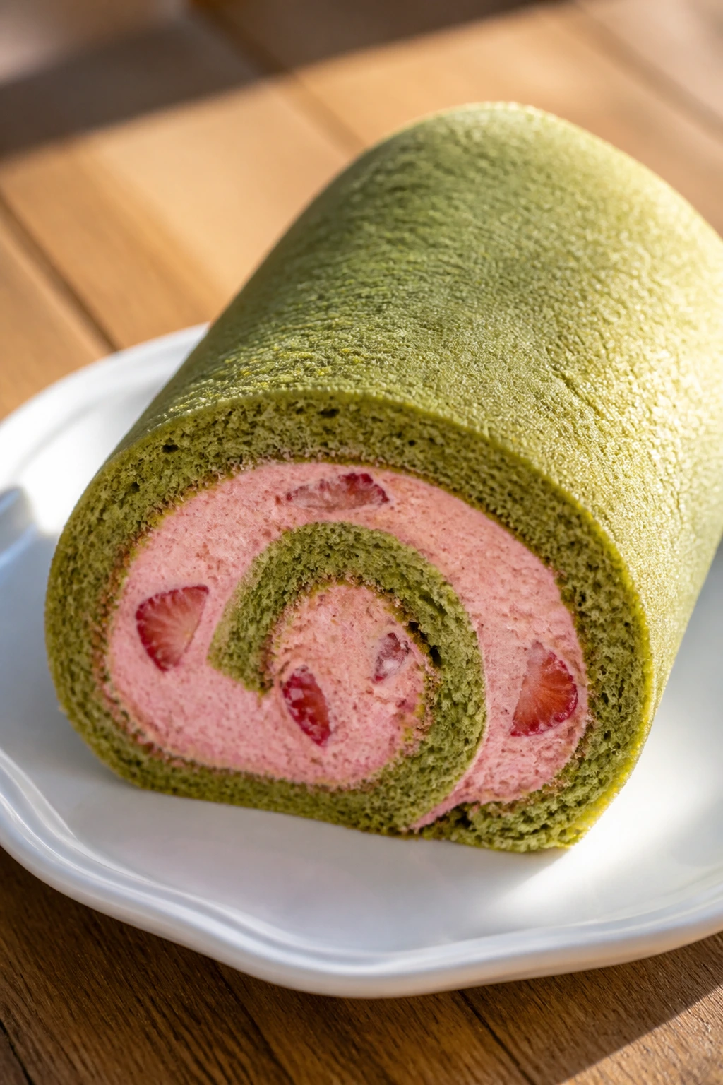 Cross-section of matcha strawberry Swiss roll on plate