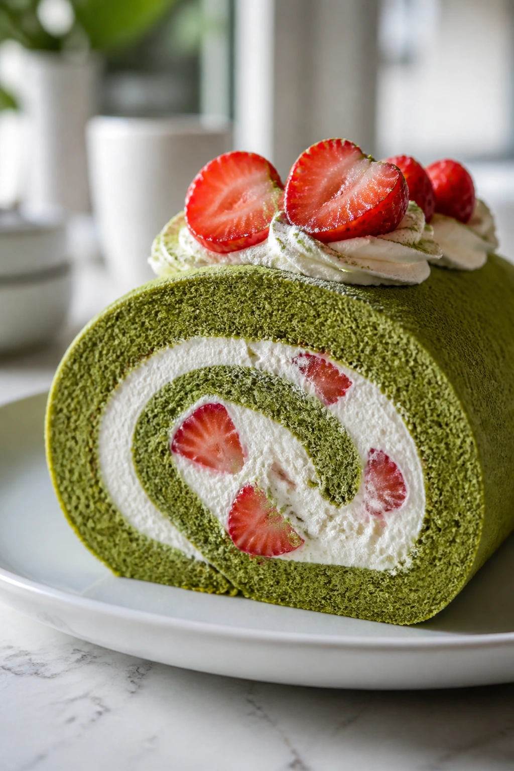 Matcha Swiss roll slice showing green spiral with strawberry filling