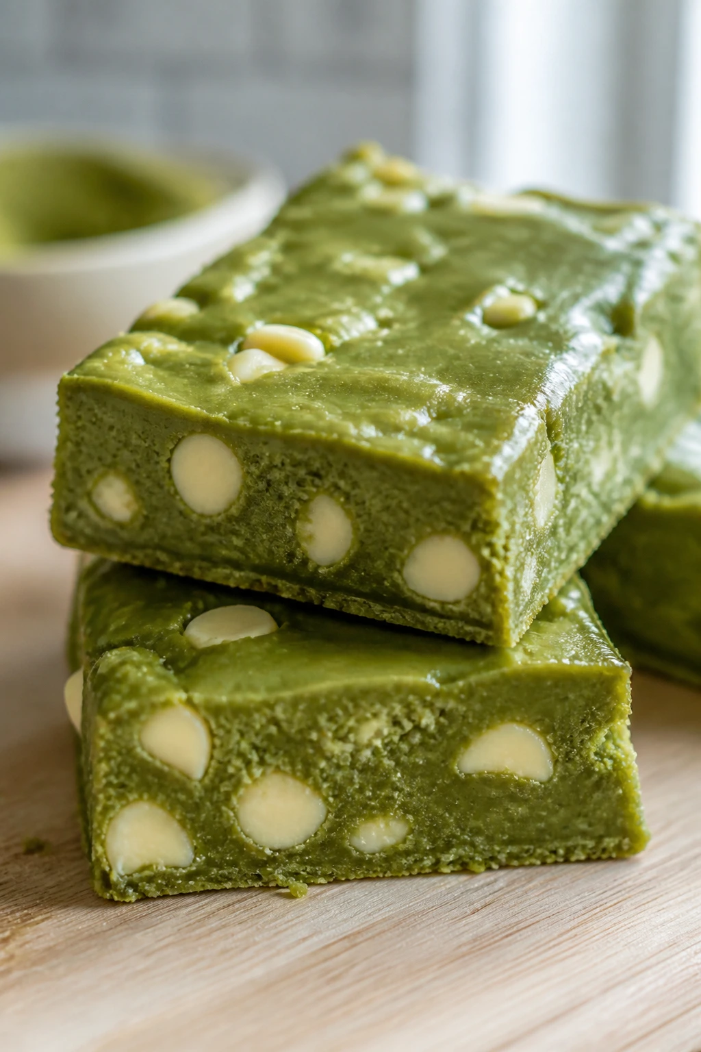 Close-up of green matcha white chocolate protein bar on wooden board