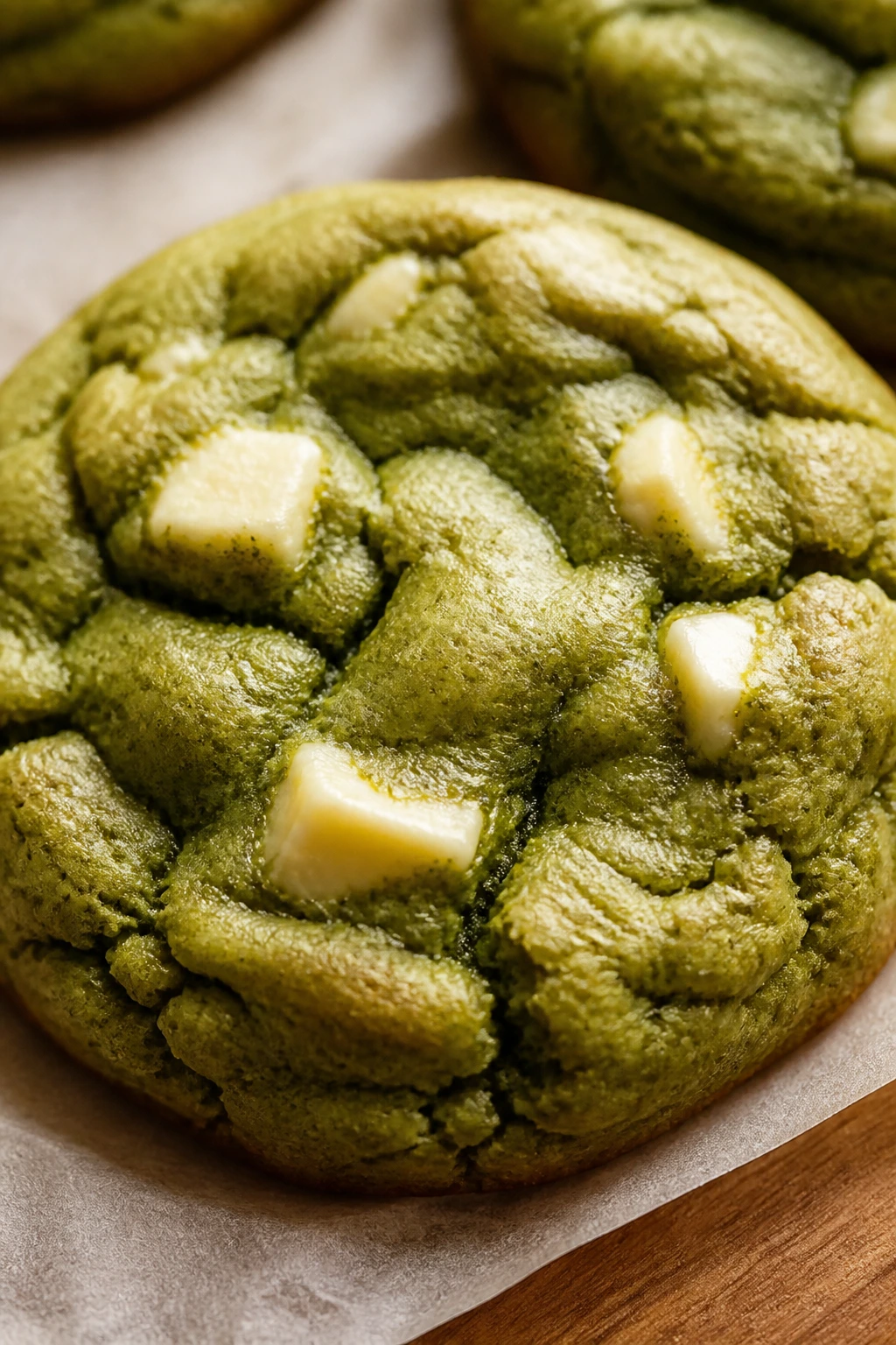 Close-up of a green matcha white chocolate cookie on a parchment surface with warm kitchen light.