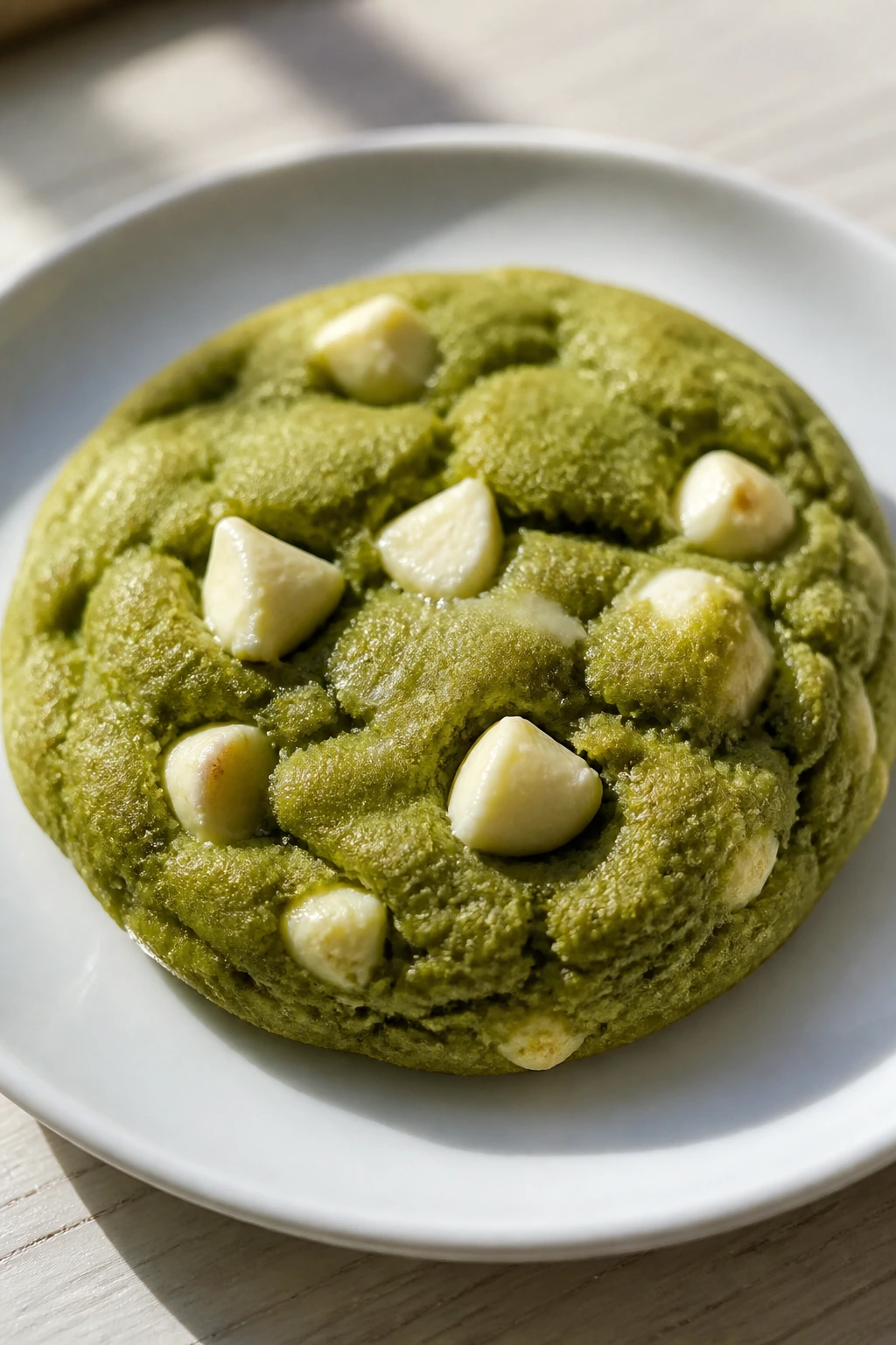 Close-up of Matcha White Chocolate Cookies with green cookie and white chips