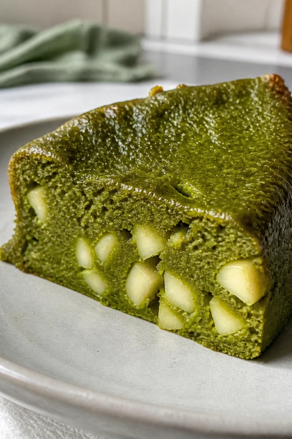 Matcha cake wedge with white chocolate chips.