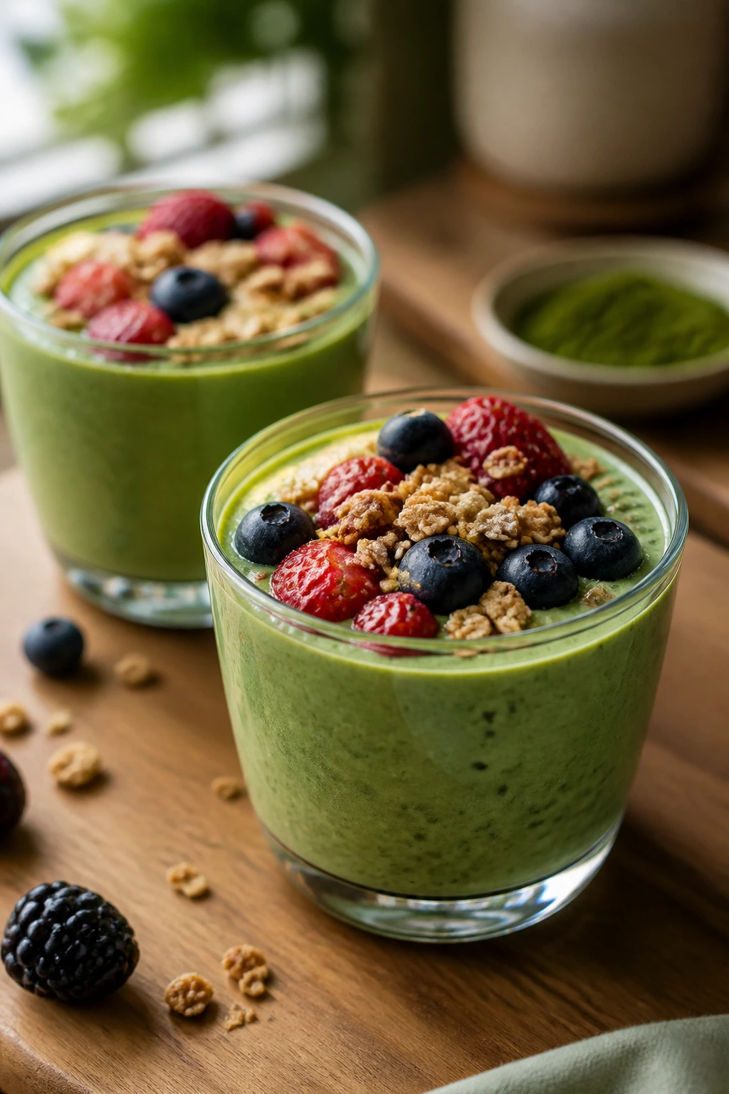 Close-up of matcha yogurt cups with berries on a wooden counter