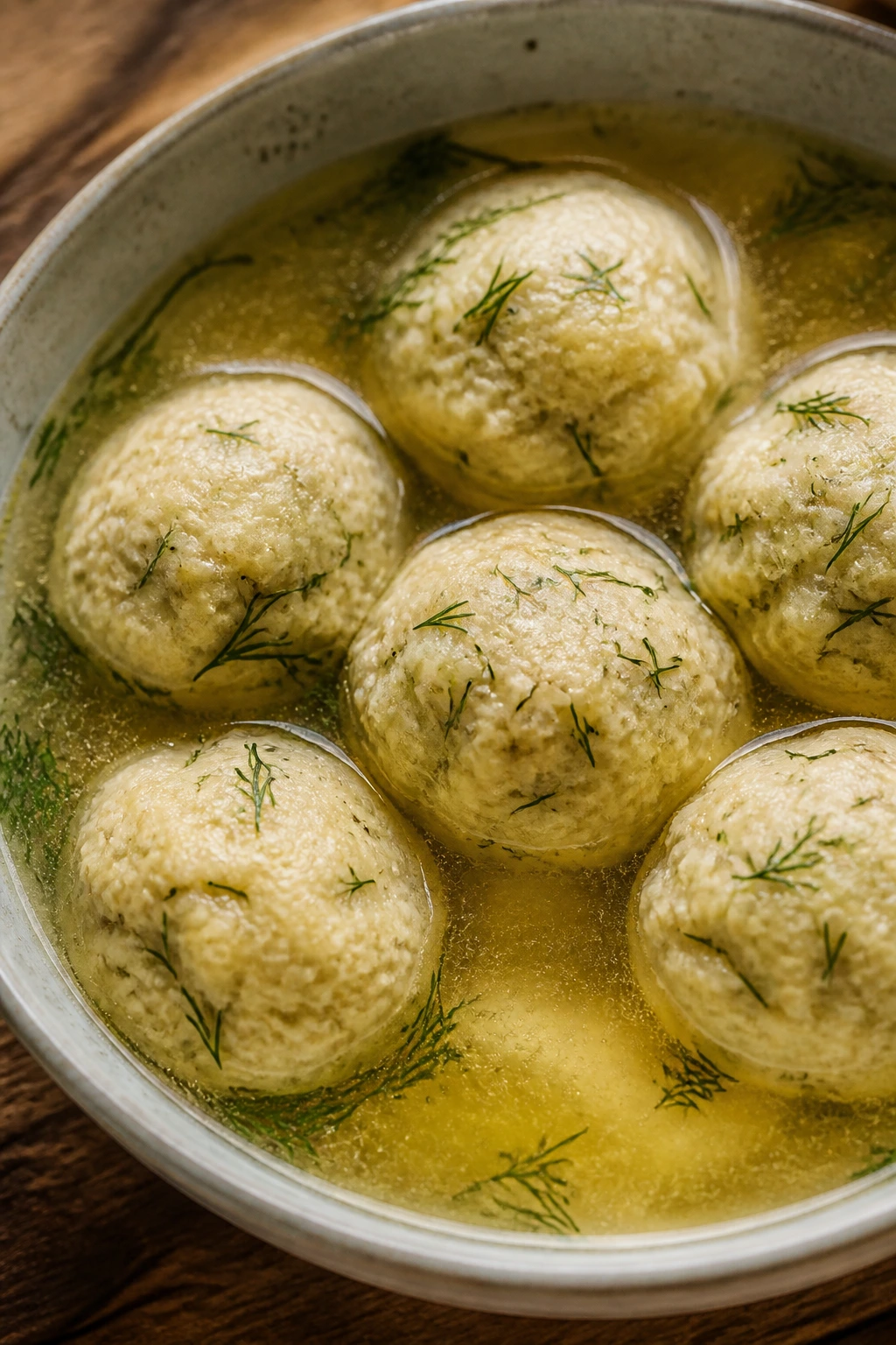 Matzo balls with dill in clear broth