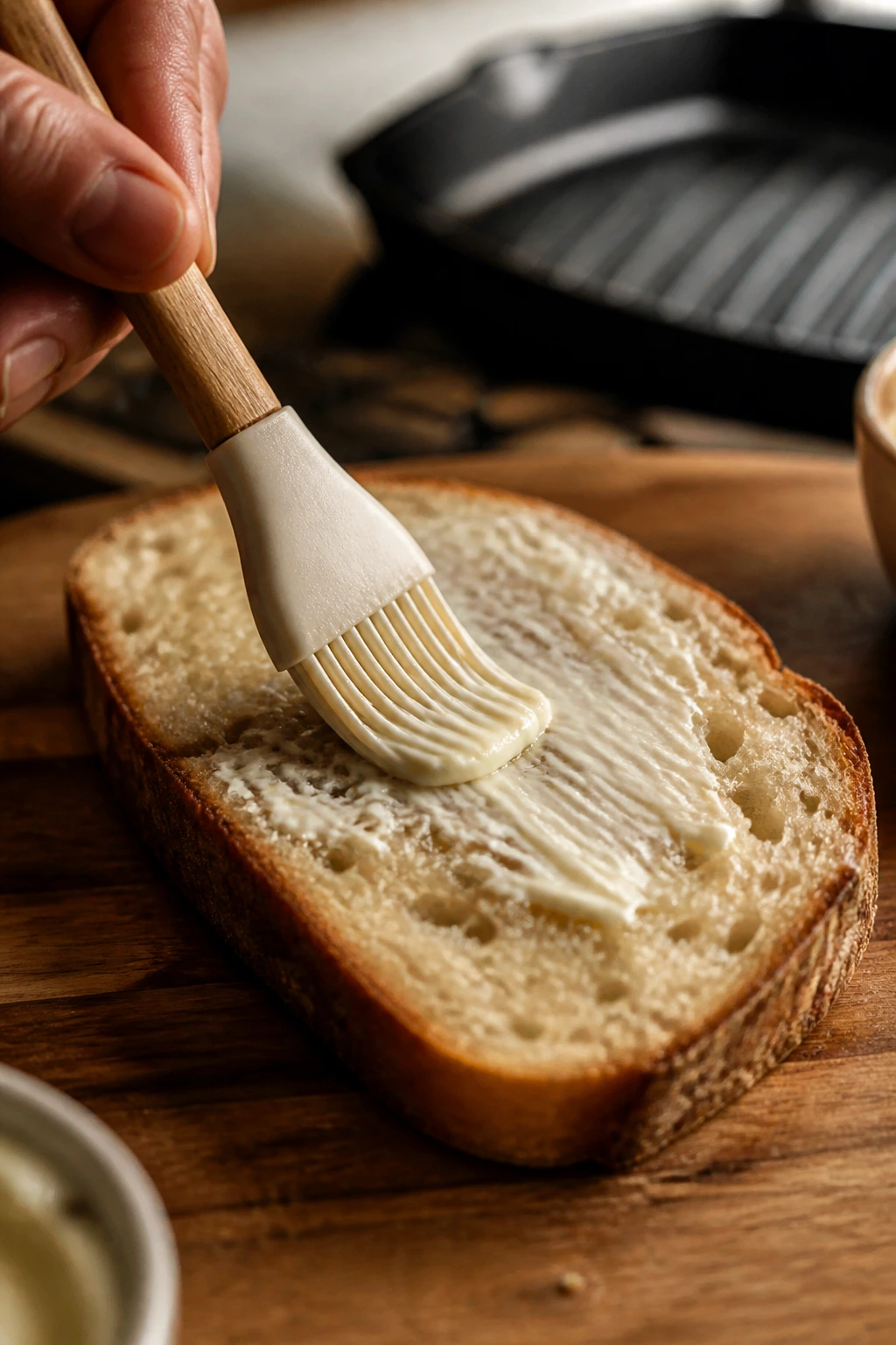 Hand brushing mayo onto bread exterior for grilling