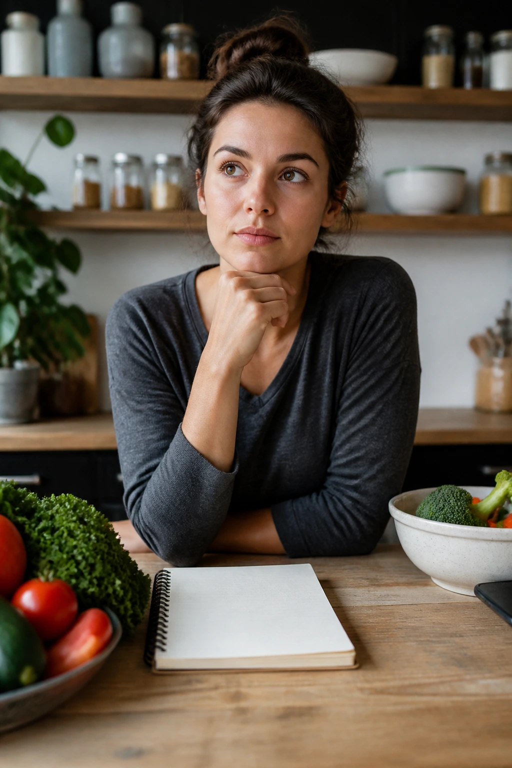 Person pondering questions at kitchen counter with a blank notebook