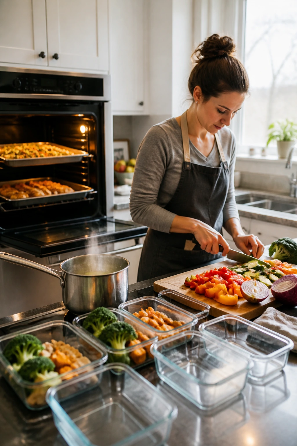 Real person prepping a batch in a bright kitchen with sheet pans and chopped vegetables