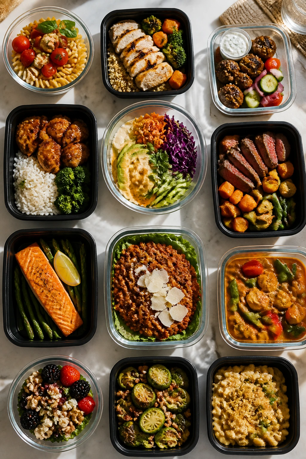 Colorful batch of meal-prep dinners in glass containers on kitchen counter
