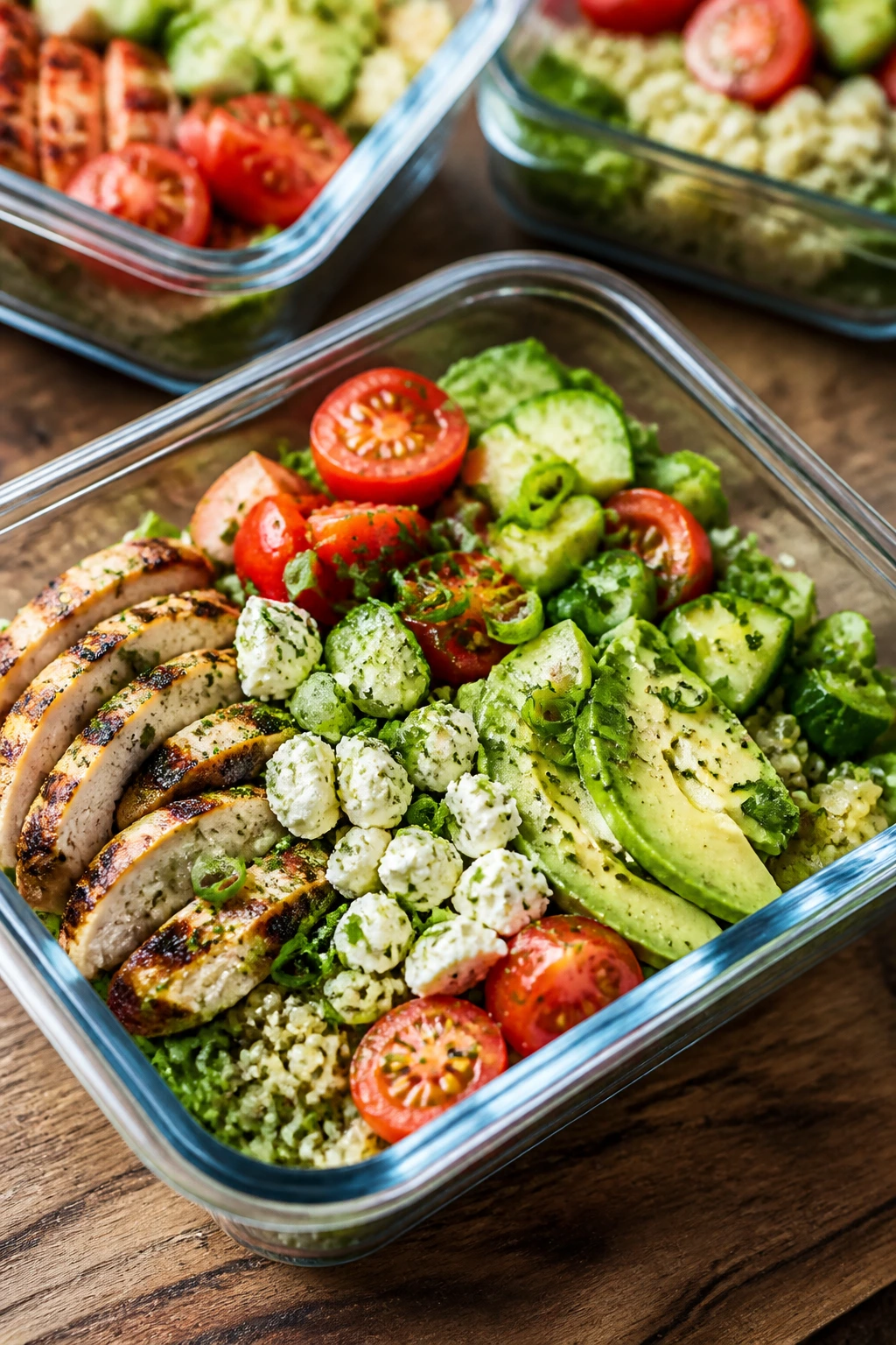 Close-up of a vibrant meal-prep bowl with bright toppings on a wooden counter