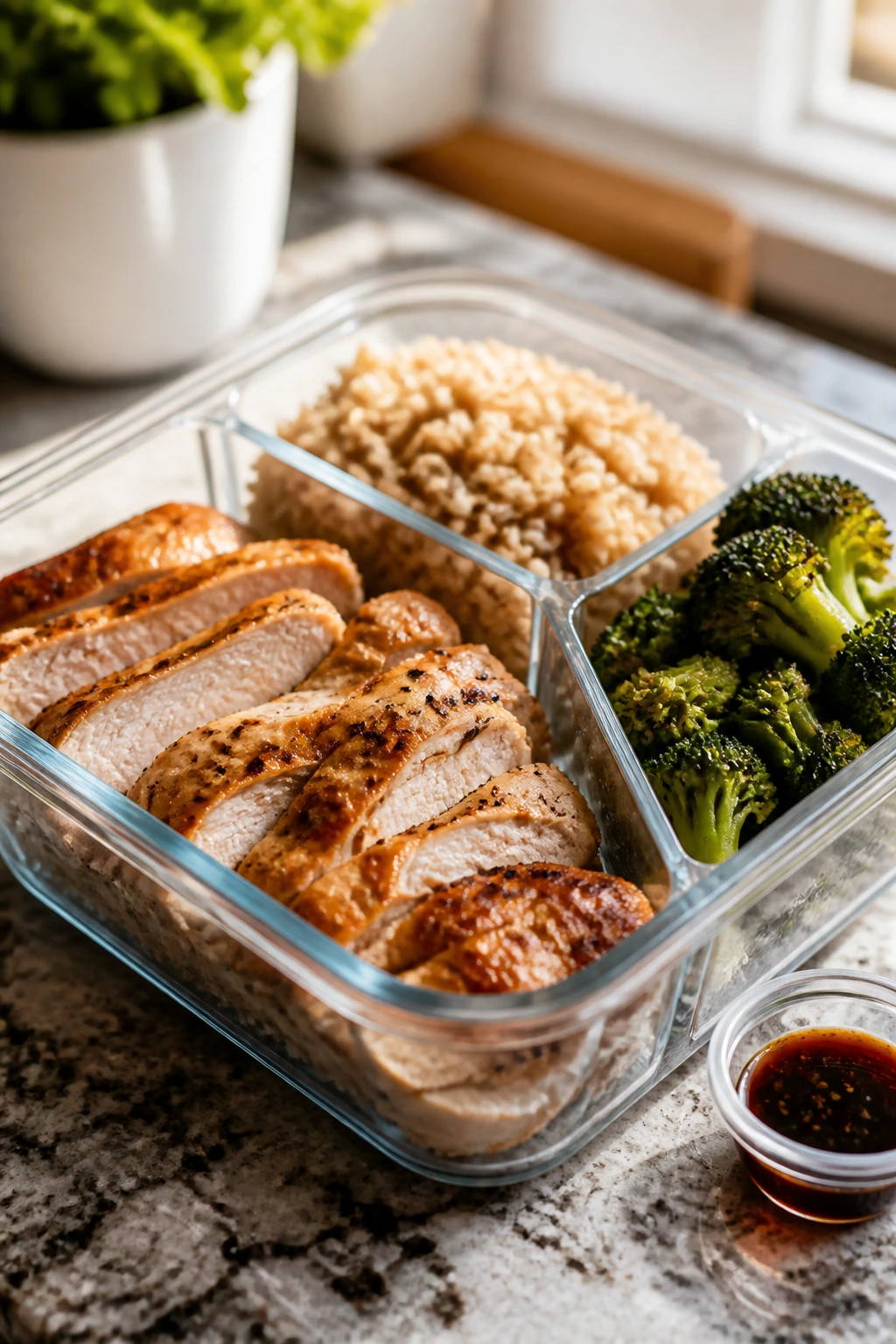 Meal prep box with chicken, rice, broccoli on a kitchen counter