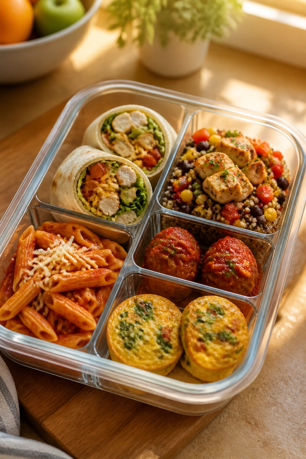 Open meal prep box showing burritos, bowls, pasta, meatballs, and egg muffins on a warm kitchen counter