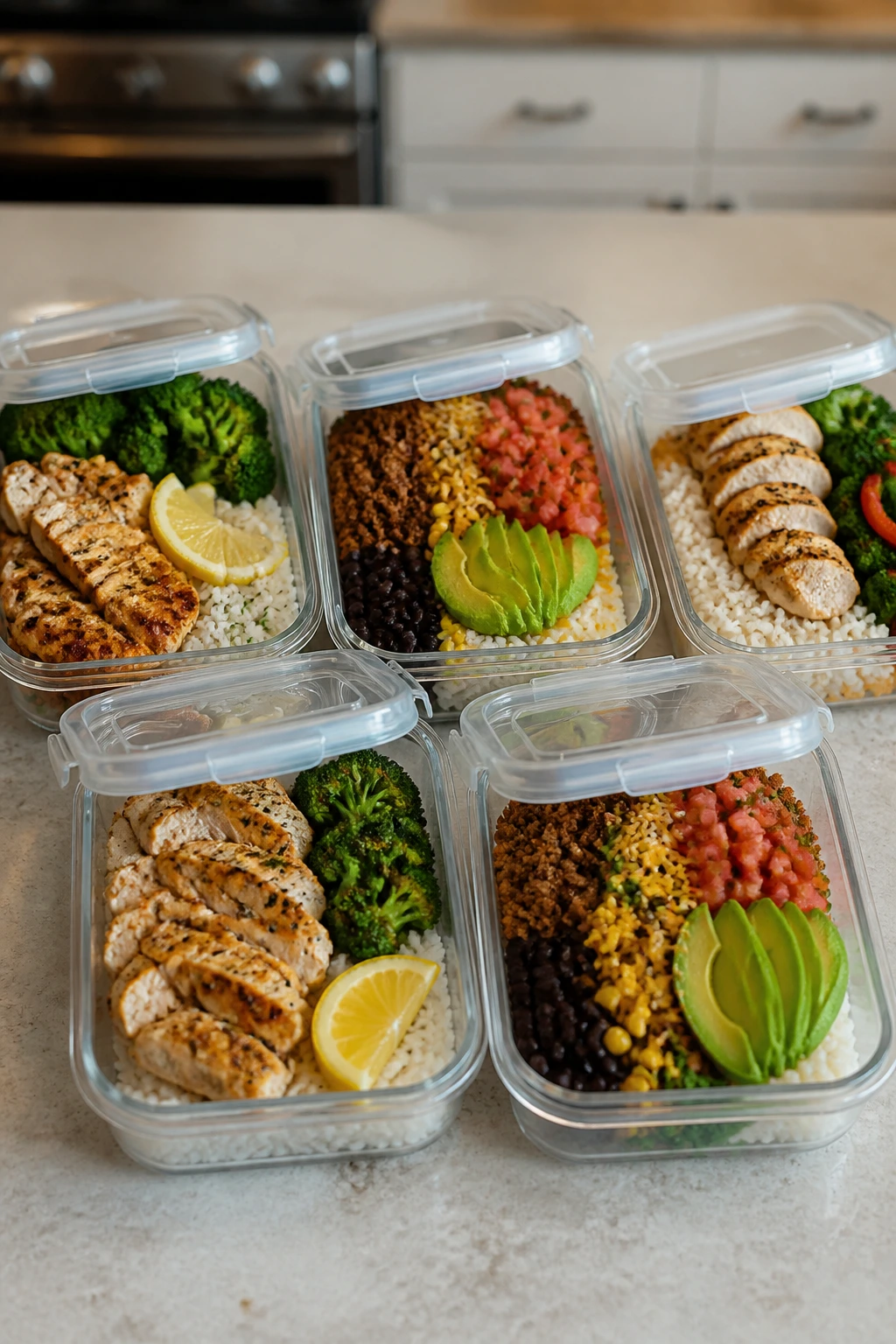 Close-up of five meal prep boxes with clear lids on a kitchen counter showing colorful meals