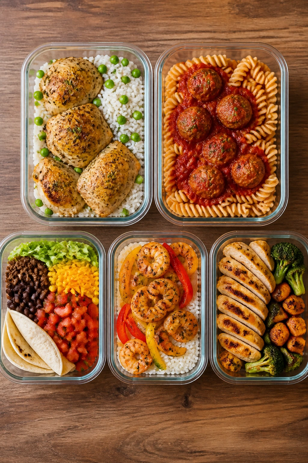 Top-down view of five meal boxes with varied kid-friendly meals