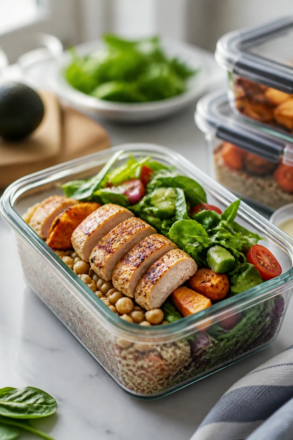 Close-up of a meal prep container on a kitchen island representing busy Sunday meal prep