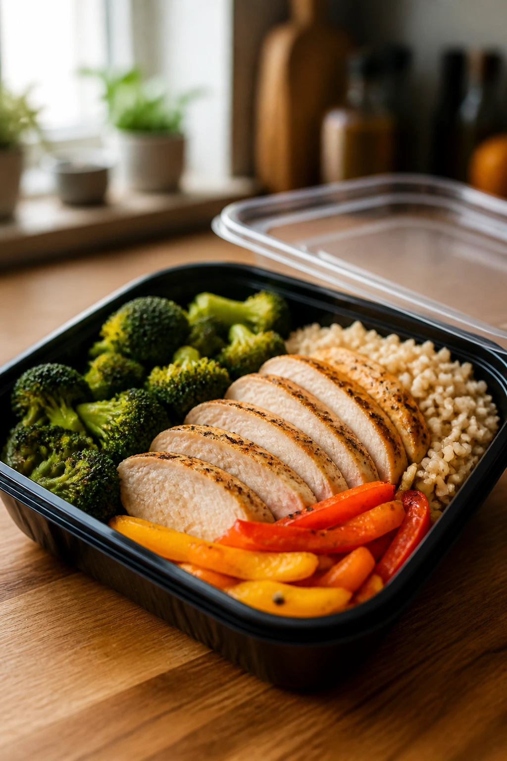 Close-up of a lean chicken pre-workout meal box with vegetables on a wooden counter