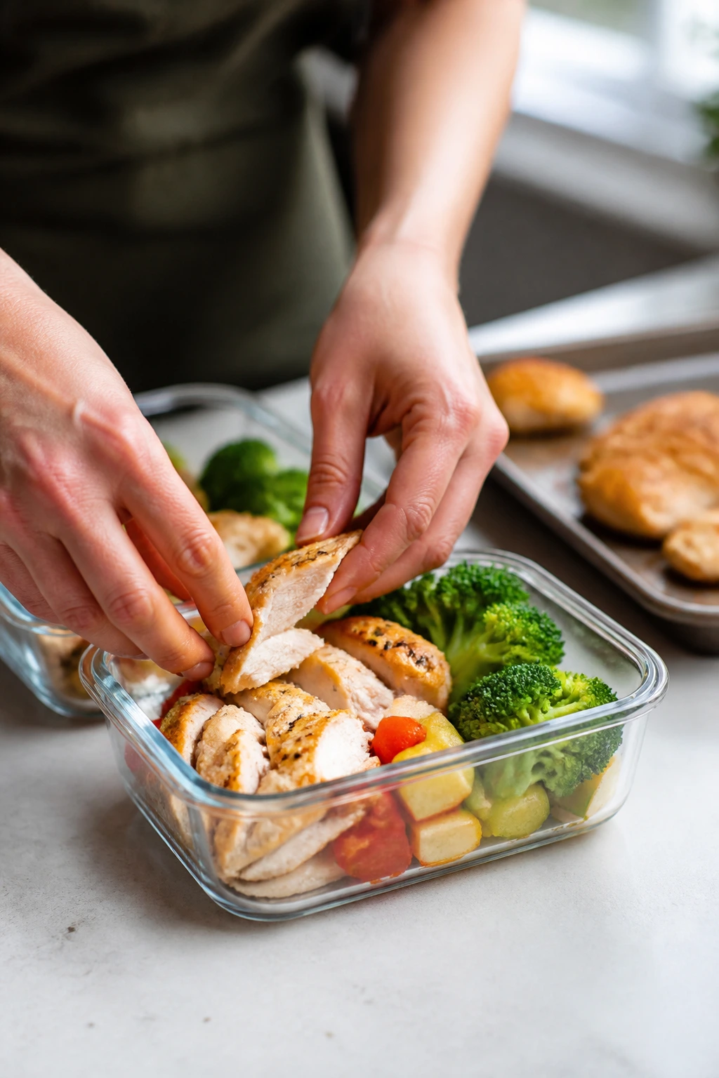 Hands portioning chicken into a meal-prep container