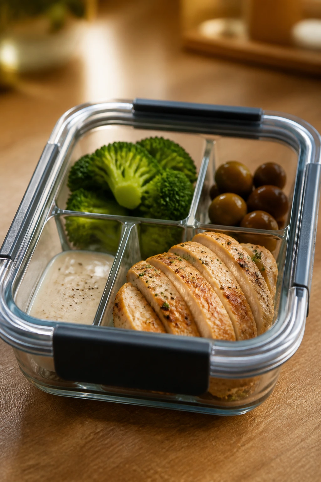 Close-up of a single meal-prep container on a warm kitchen counter