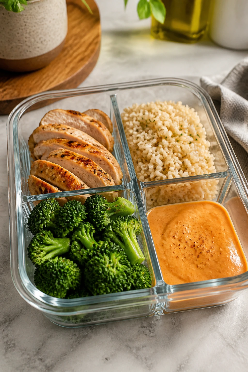 Four-compartment meal prep container with protein, starch, vegetables, and sauce