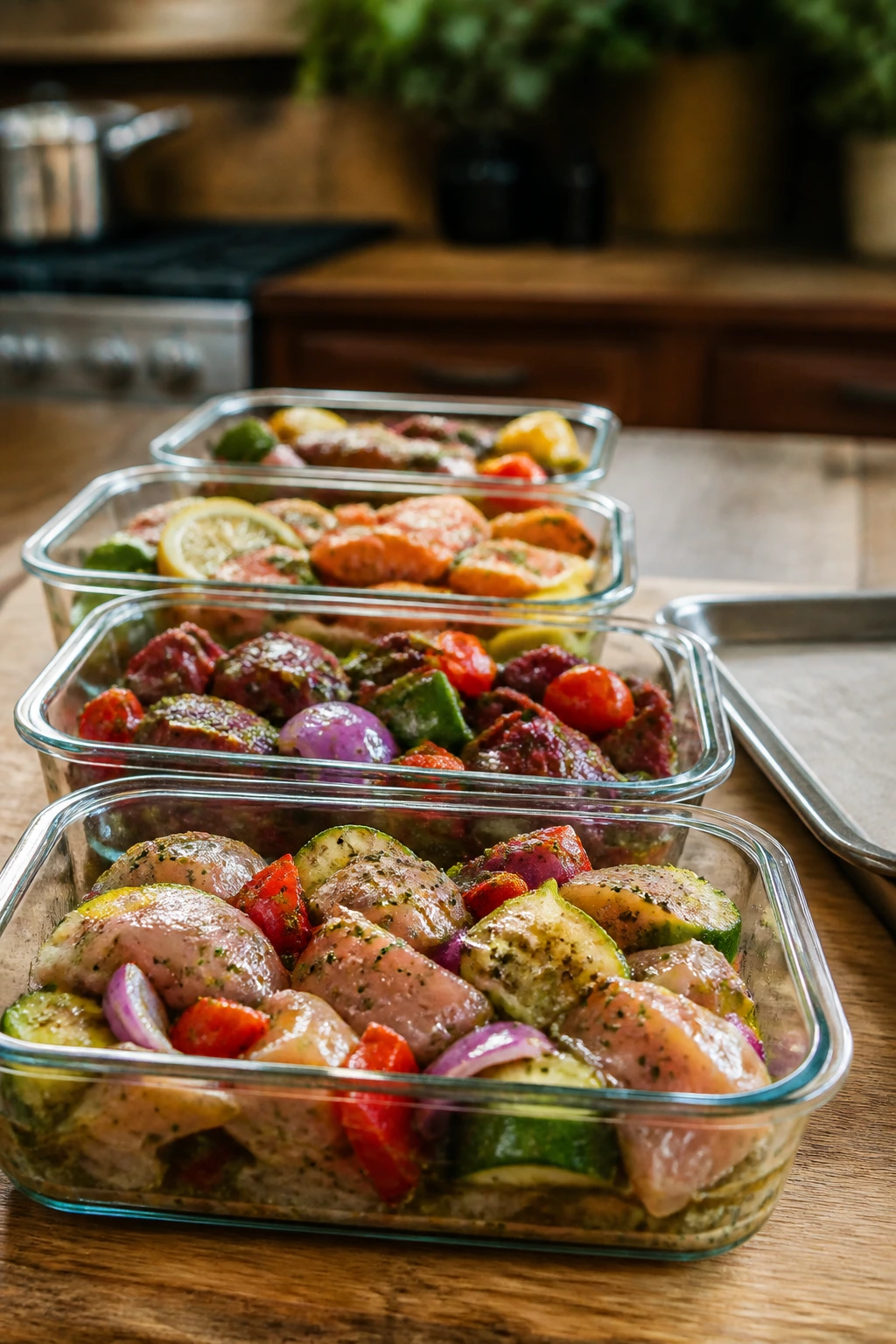 Close-up of glass meal-prep containers filled with colorful marinated ingredients on a wooden counter