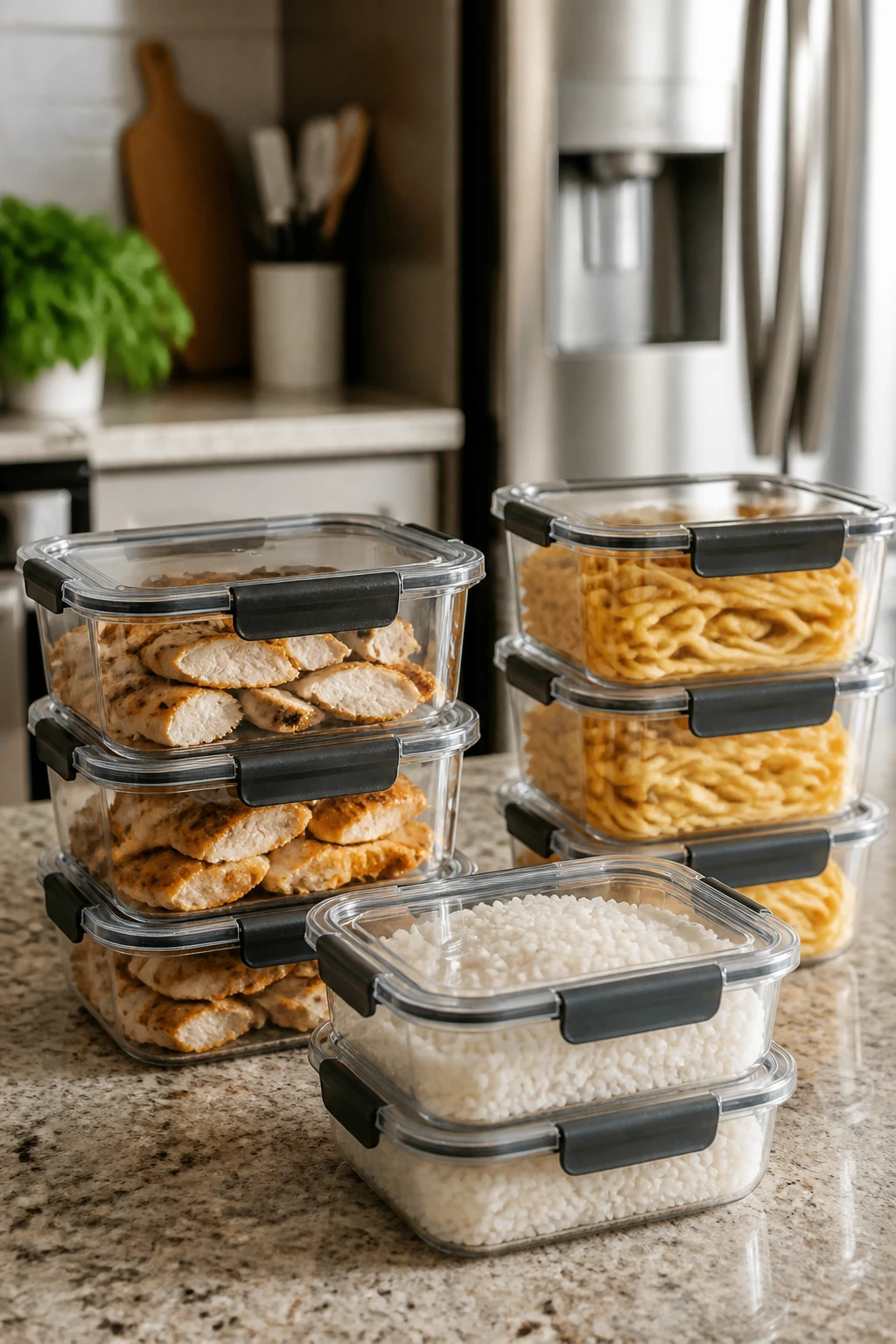 Stacked meal-prep containers with separate portions on a kitchen counter