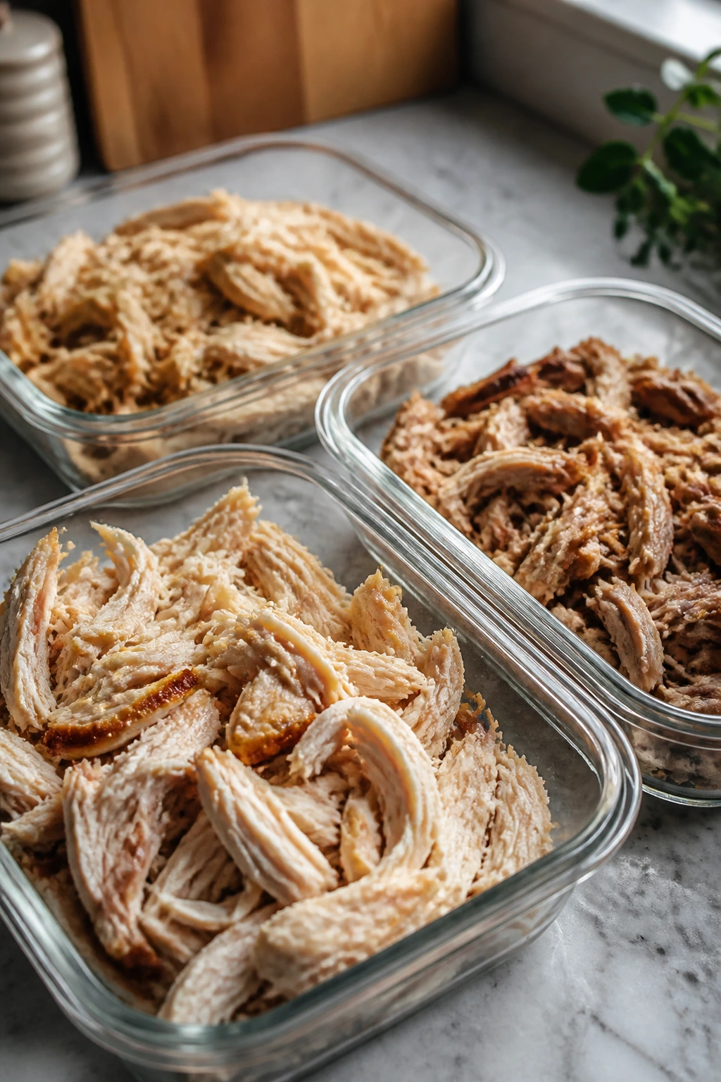 Three containers of shredded chicken ready for multiple dinners