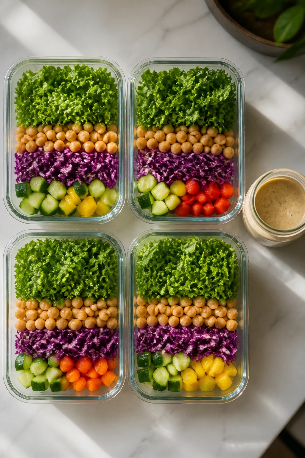 Meal-prep containers with chopped greens and separate dressing jar.