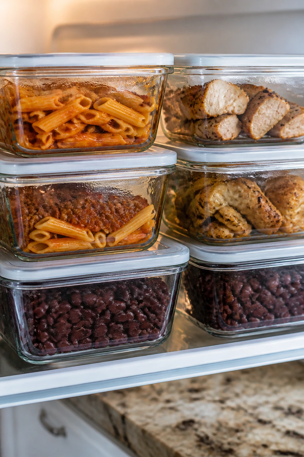 Close-up of glass meal-prep containers in a fridge, showing make-ahead meals