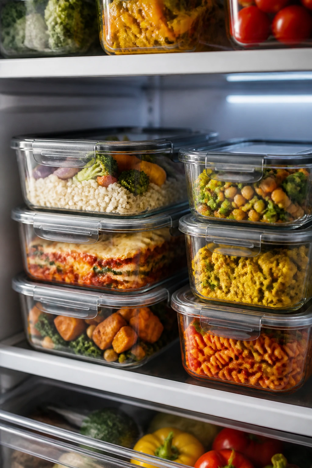 Glass meal-prep containers with colorful meals in a fridge