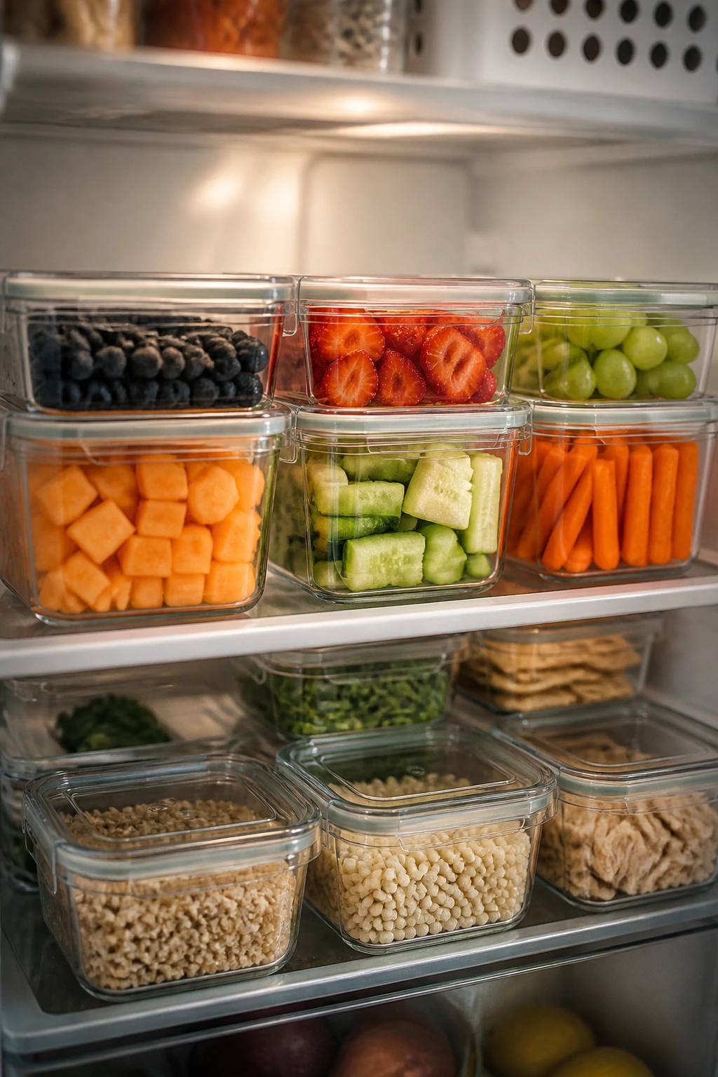 Transparent meal-prep containers with neatly portioned foods in fridge