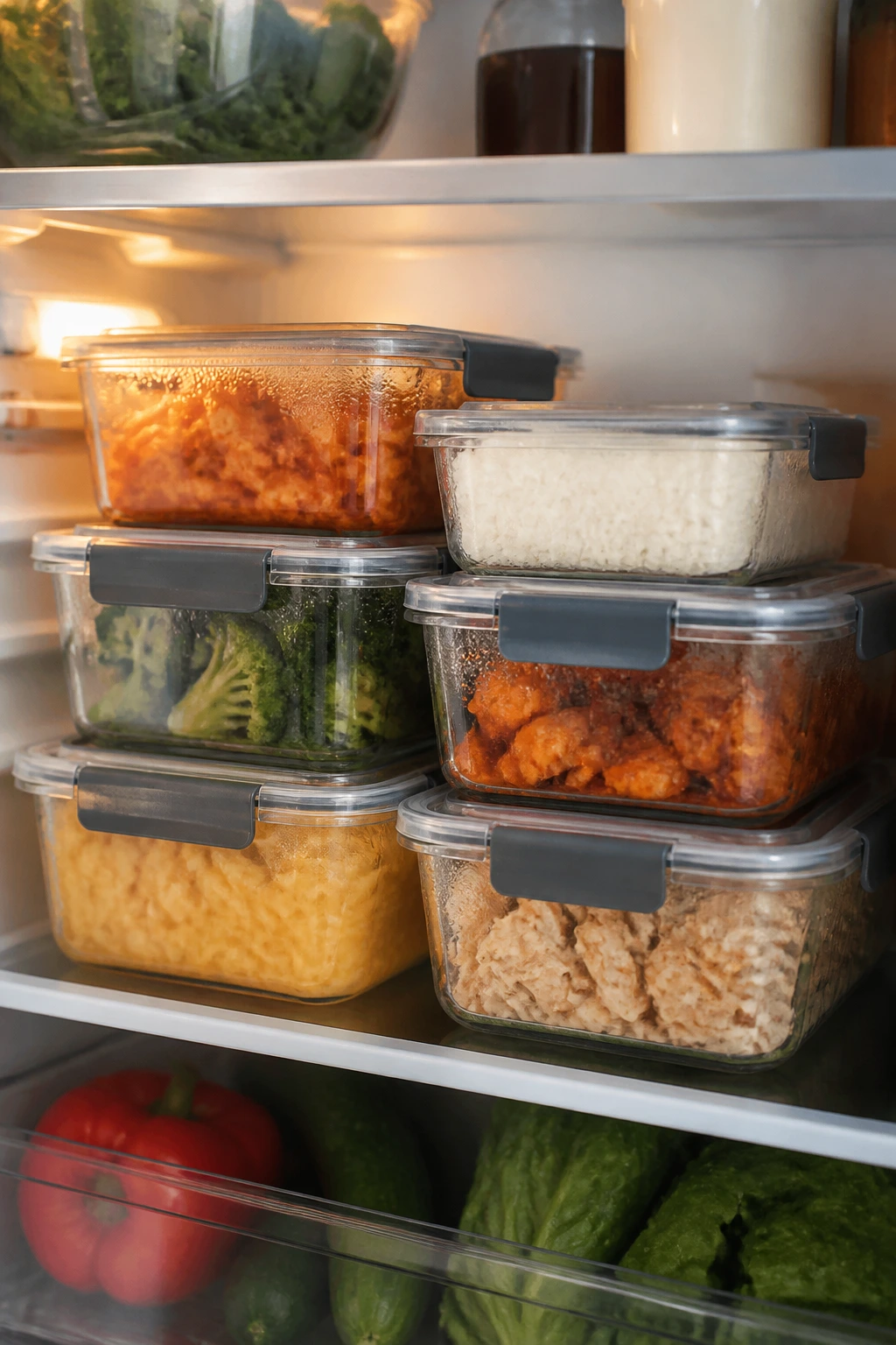 Close-up of airtight meal-prep containers filling a fridge