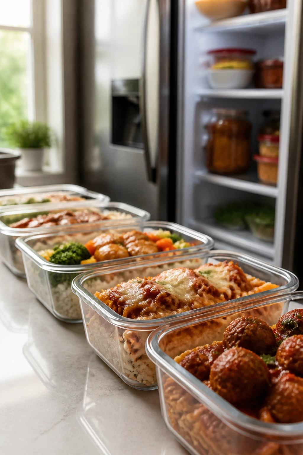 Row of glass meal-prep containers with kid-friendly dinners on a kitchen counter