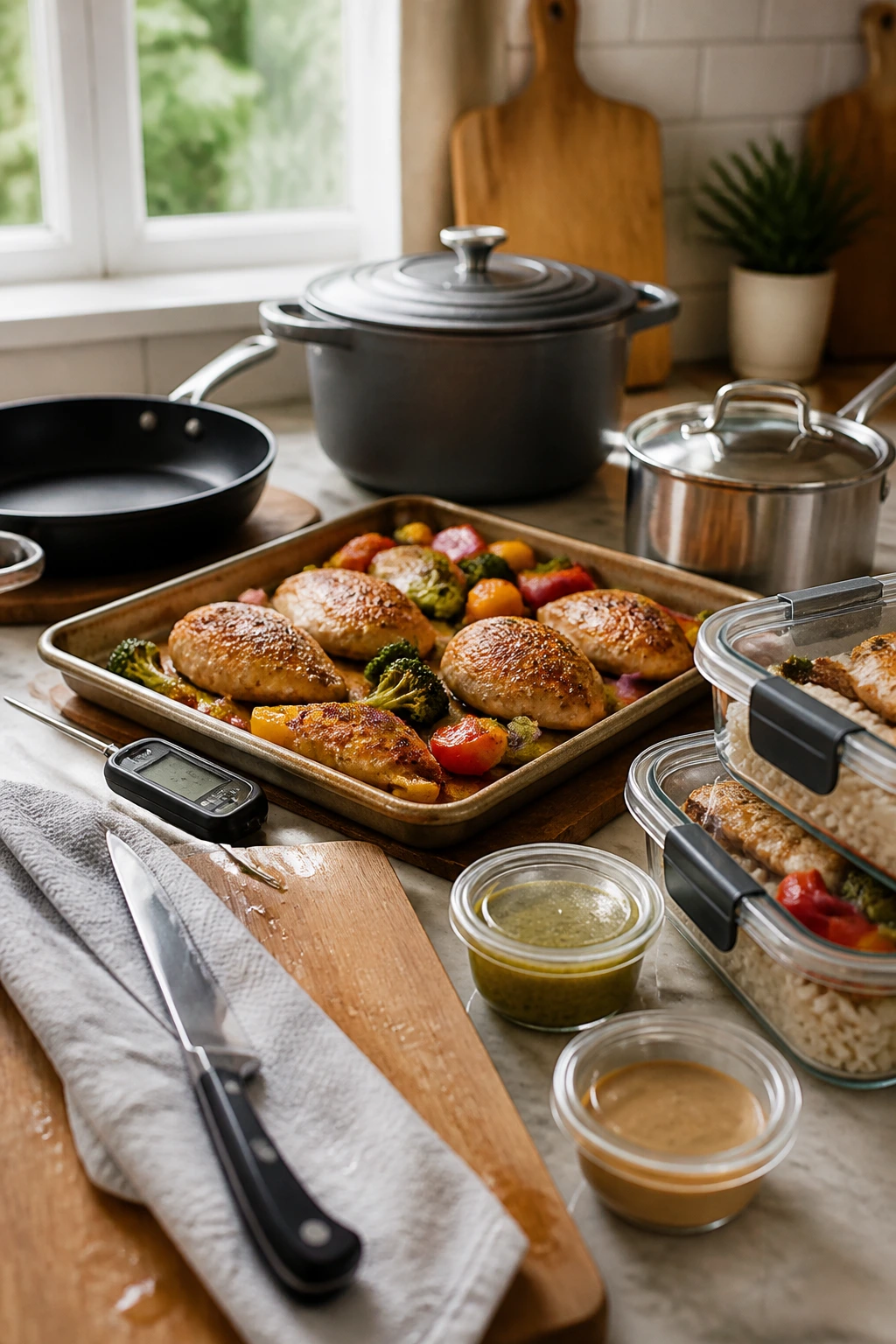 Close-up of kitchen containers and tools arranged for meal prep on a counter.