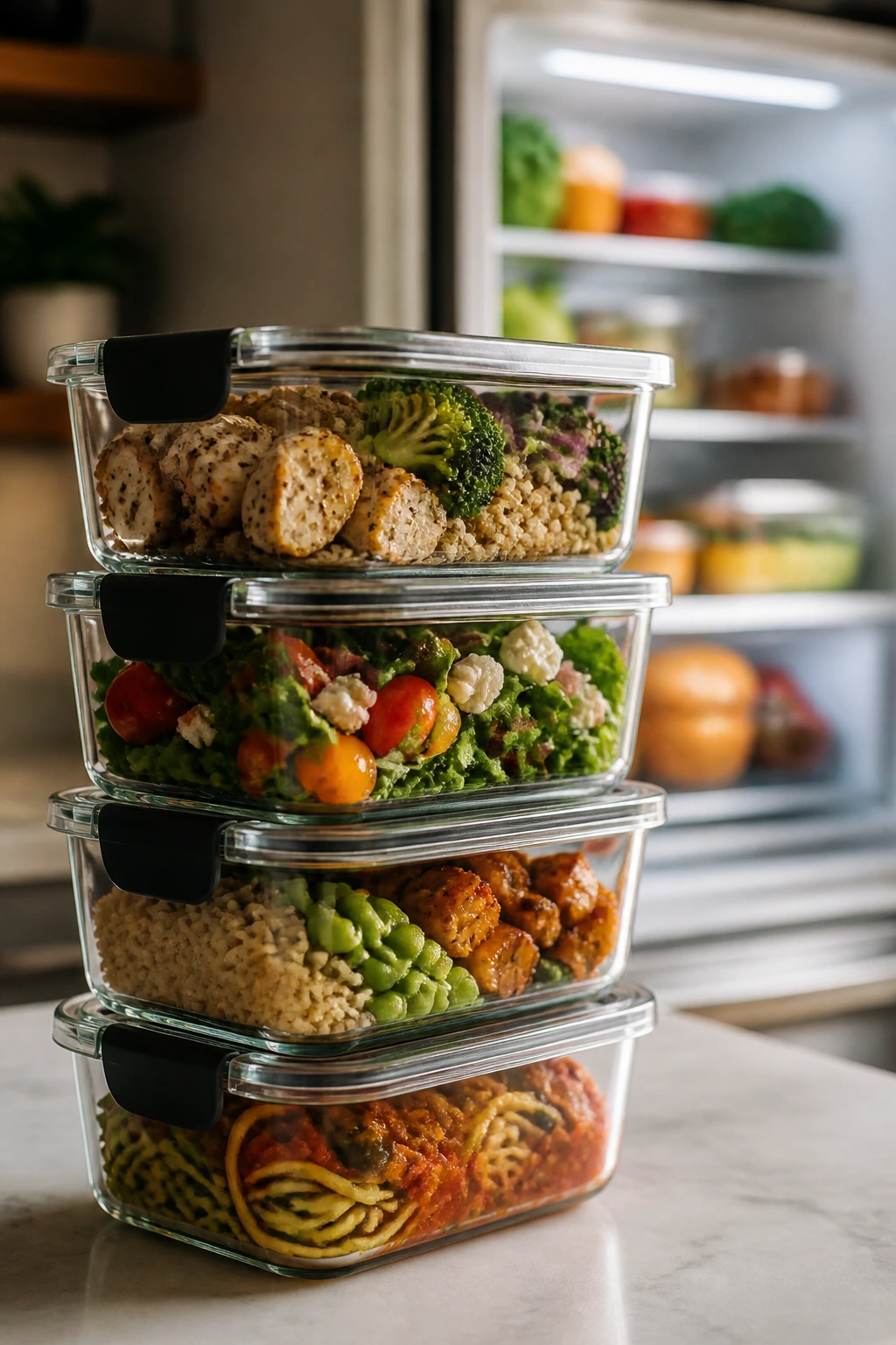 Stacked glass meal-prep containers with colorful leftovers ready for storage
