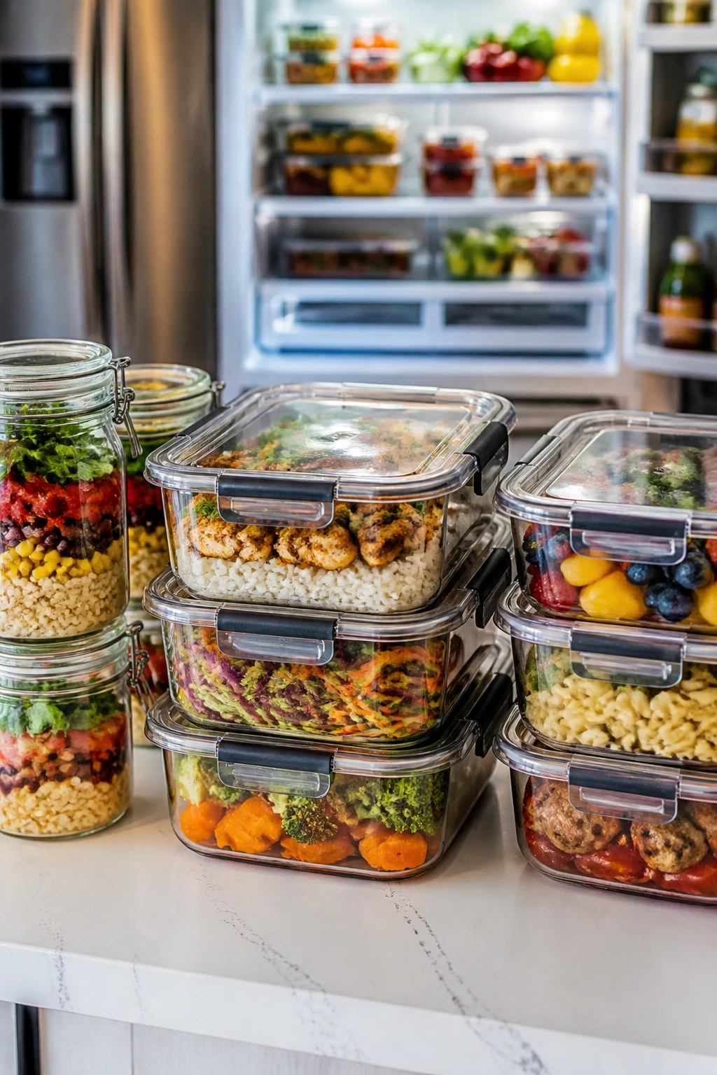 Aisle of airtight containers for make-ahead meals in kitchen