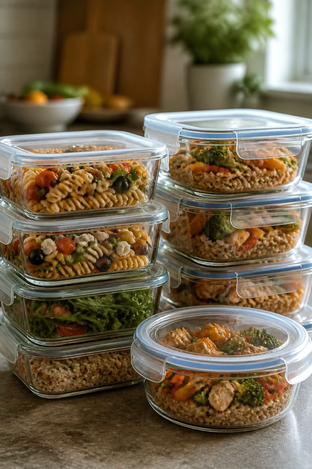 Stacked glass meal-prep containers with colorful pasta salad and rice bowls.