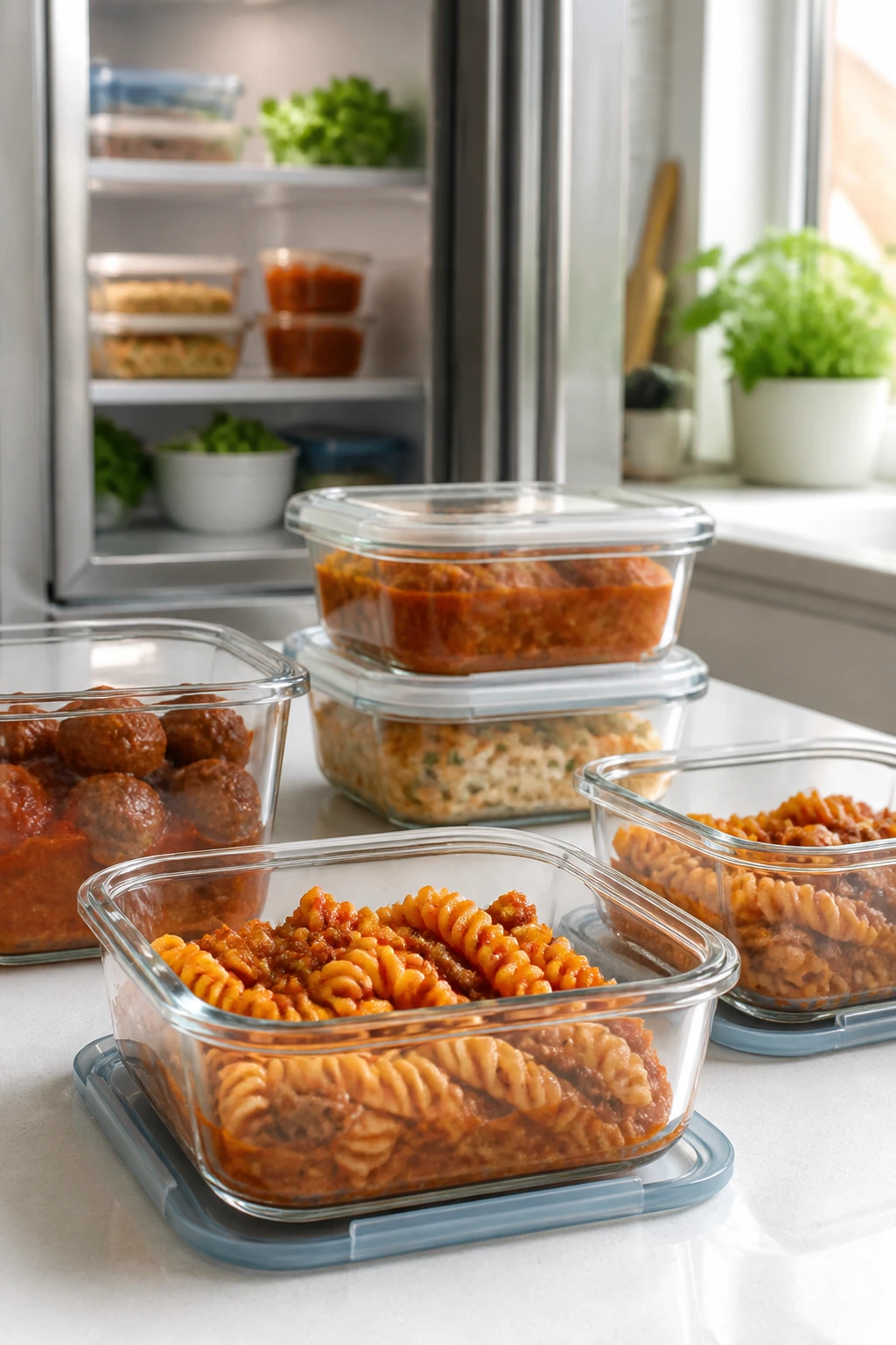 Glass meal prep containers with cooked dishes in a bright kitchen
