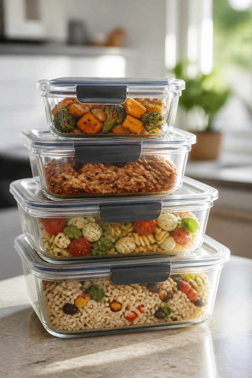 Stacked glass meal-prep containers on a kitchen counter