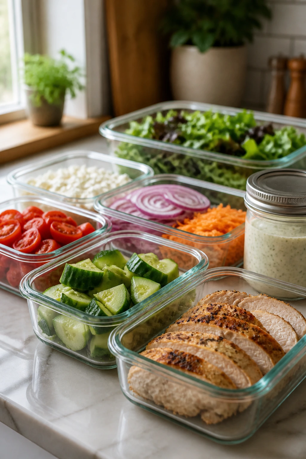 Close-up of glass meal-prep containers with chicken and vegetables on a kitchen counter