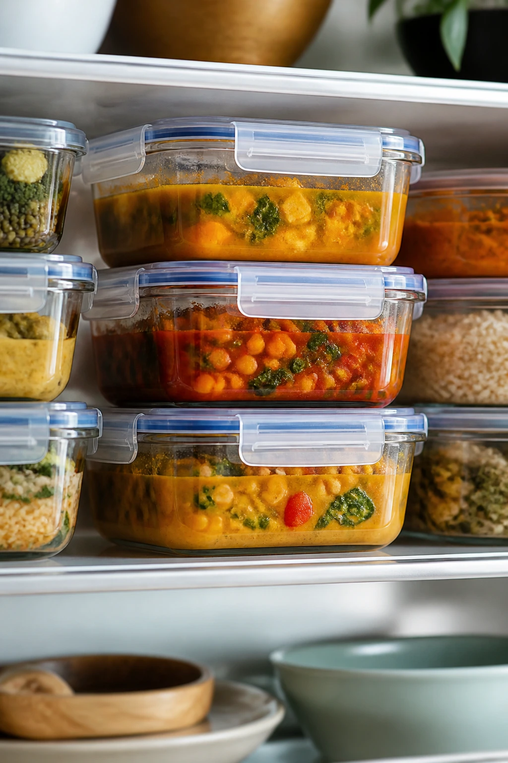 Glass meal-prep containers with colorful soups on a kitchen shelf