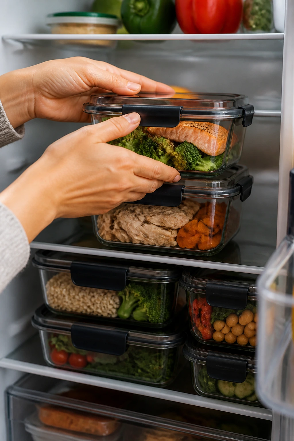 Hands sealing meal-prep containers in fridge