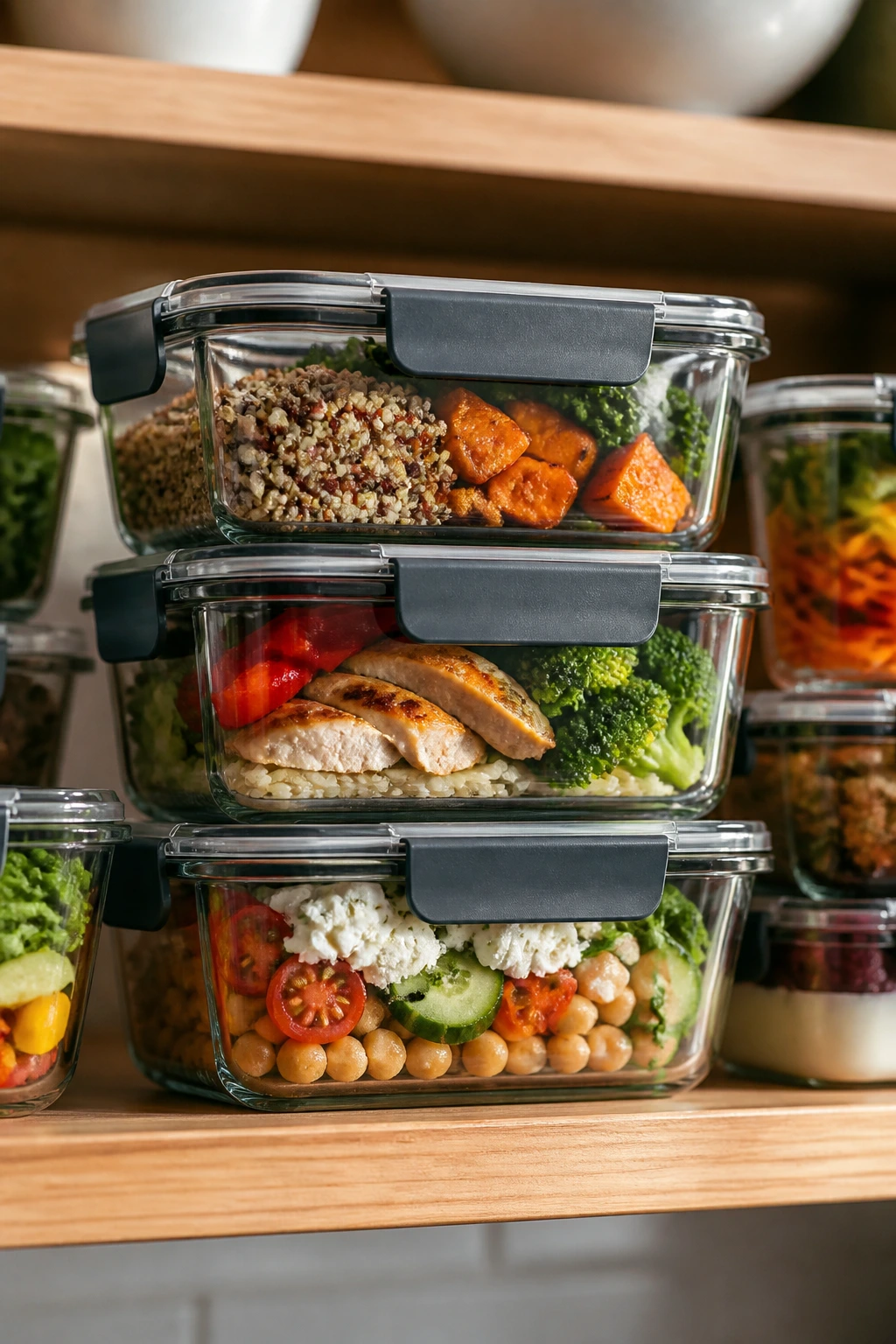 Stacked glass containers with colorful food ready for storage
