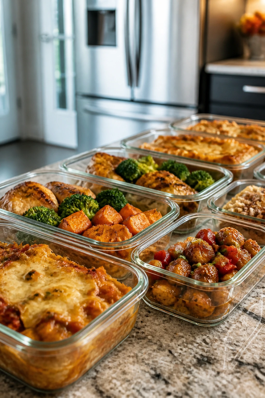 Close view of glass meal-prep containers on a kitchen counter