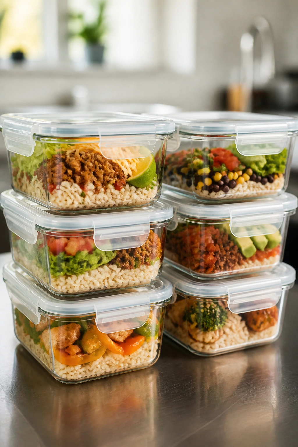 Glass meal prep containers with rice bowls and meat on kitchen counter